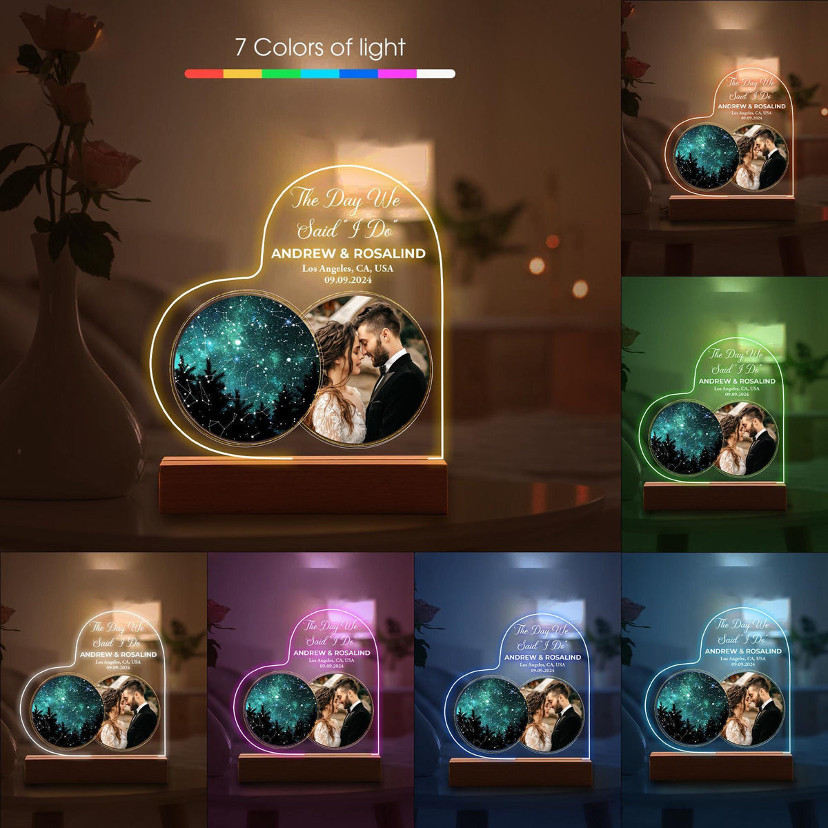 Photo & Star Map on Night Light, Personalized Constellation Map, Custom Desk Name Plate, Gift For Couples