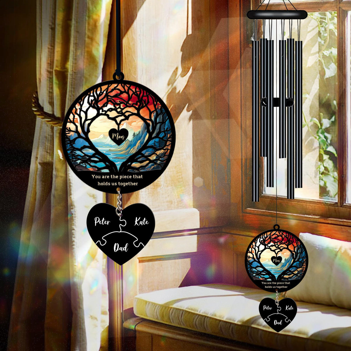 Personalized Mom Puzzle Black Wind Chime, Mothers Day Gift from Son Daughter, Mom Birthday Gift, You Are The Piece That Holds Us Together