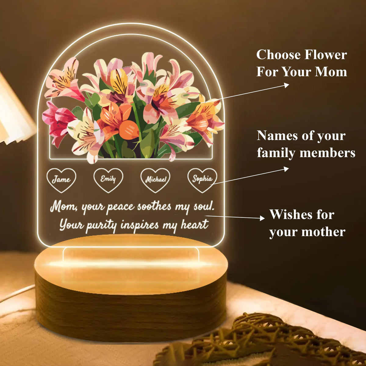 Flower Basket For Mom - Personalized 3D LED Light Wooden Base - Gift For Mom, Mother's Day Gift