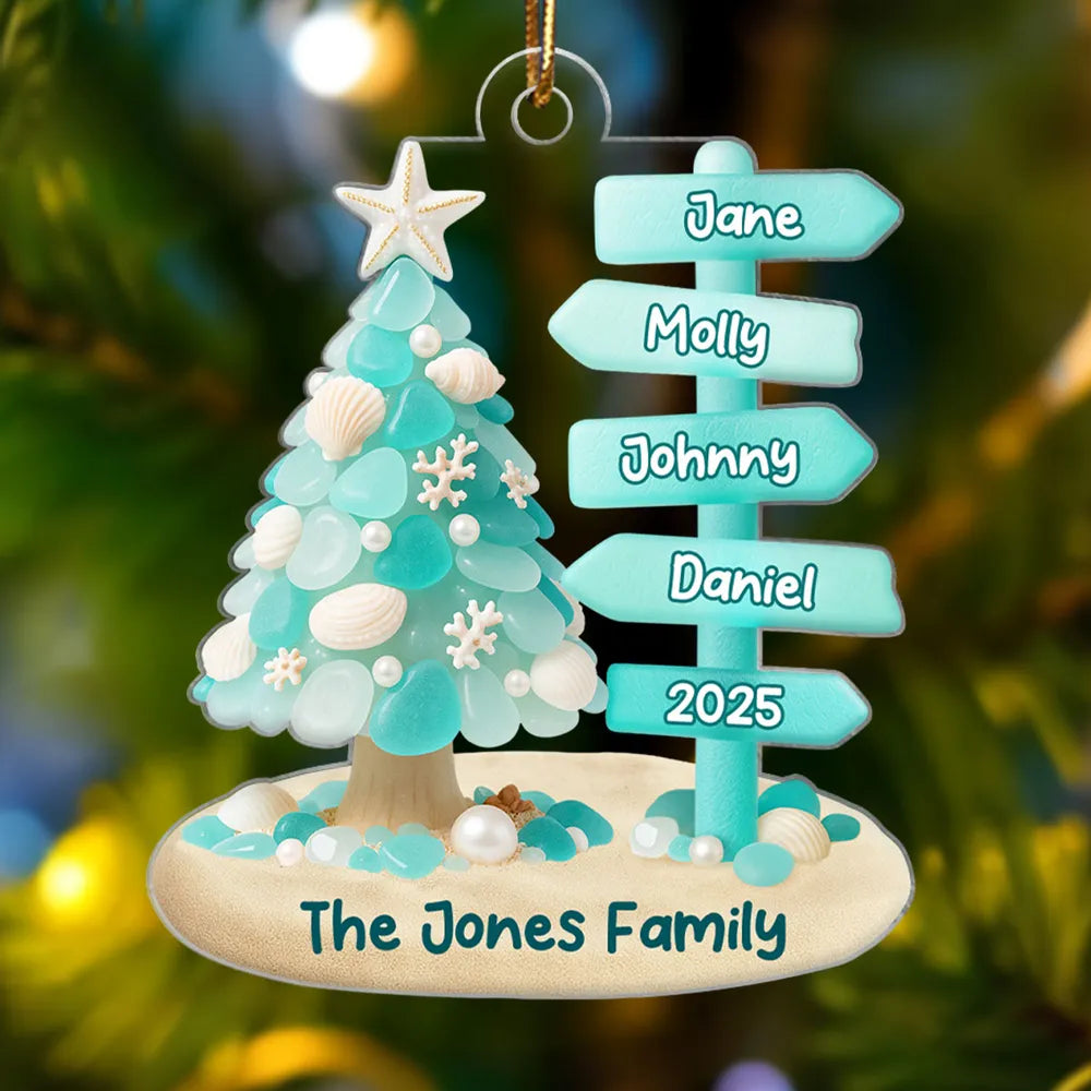 Family Direction Sign Post Sea Glass Pattern - Personalized Acrylic Ornament - Christmas Gift for Family