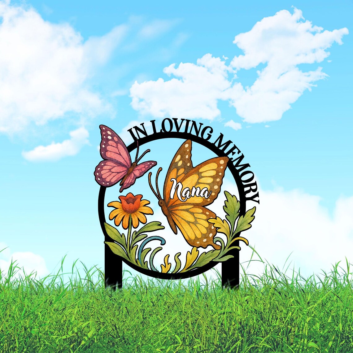 Custom Butterfly Memorial Sign with Stakes, Mother's Day Gift, Grandma Memorial Sign, Grave Marker, Nana's Blessings, In Loving Memory Yard