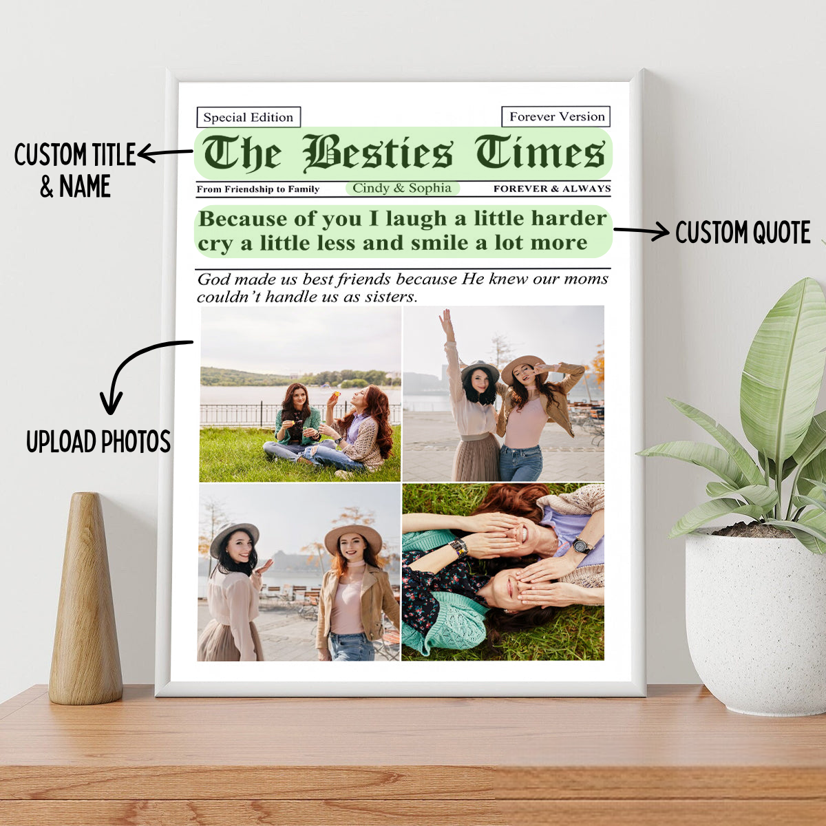 Newspaper The BFF Times Upload Photo Personalized Canvas - Gift For Besties, Sisters
