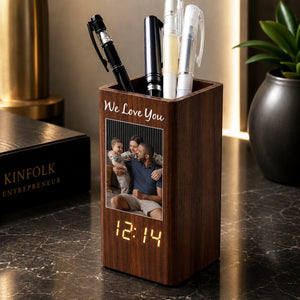 Personalized Photo Pen Holder Clock, Custom Wooden Desk Organizer with LED Digital Clock, Personalized Office Gift for Him Her, Custom Picture Holder