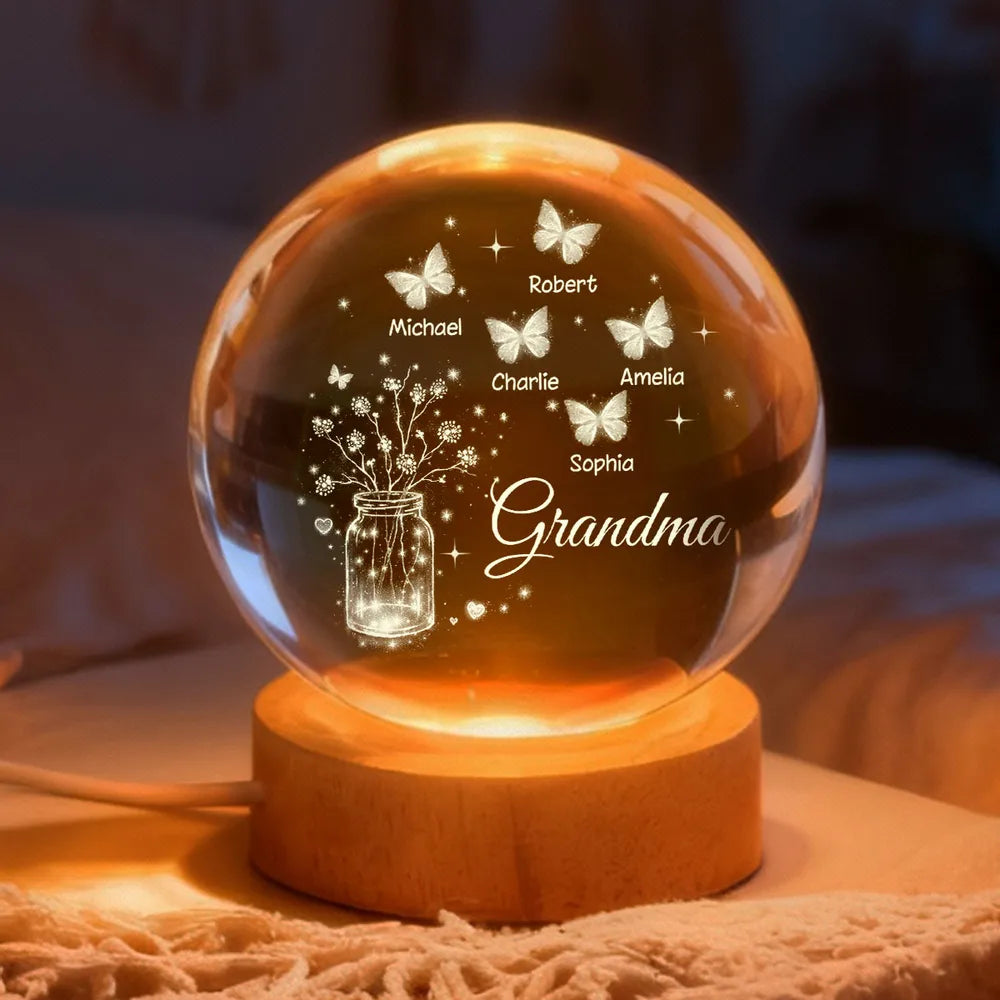 Mom Grandma Butterfly Flower Jar - Personalized Crystal Ball LED Night Light - Sentimental Gift for Grandma, Mom, Mother's Day Gift
