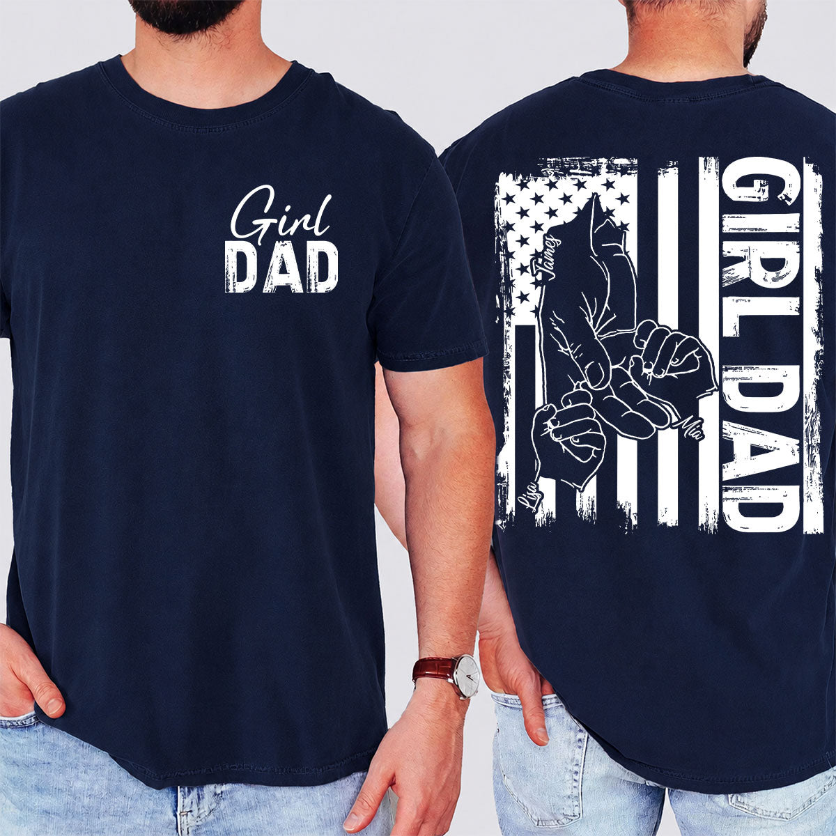 Girl Dad Shirt, Father Daughter Hold Hand Tee, Proud Dad Gift, Vintage American Flag T-Shirt