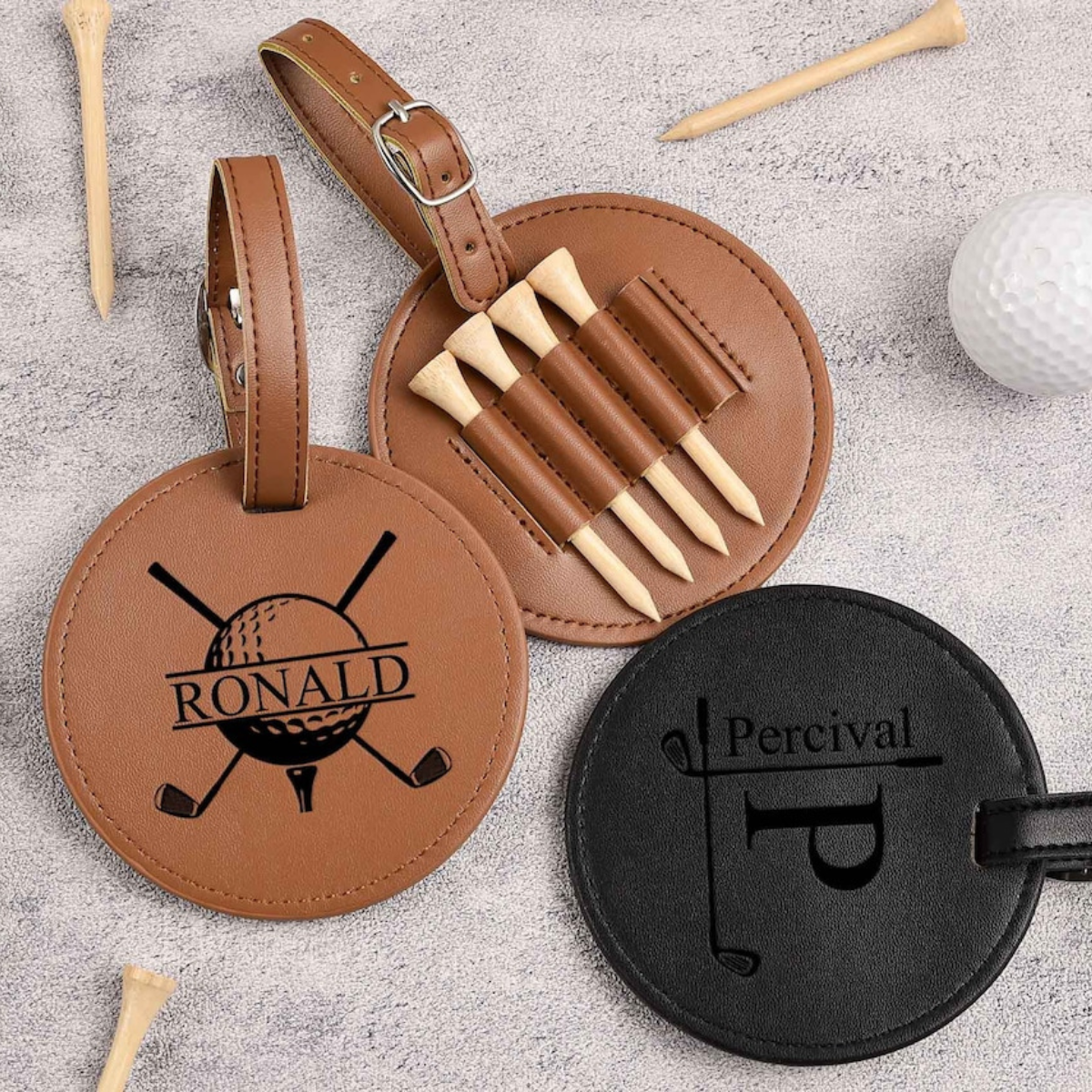 Engraved Leather Golf Bag Tag with Tees: Personalized Golf Gift