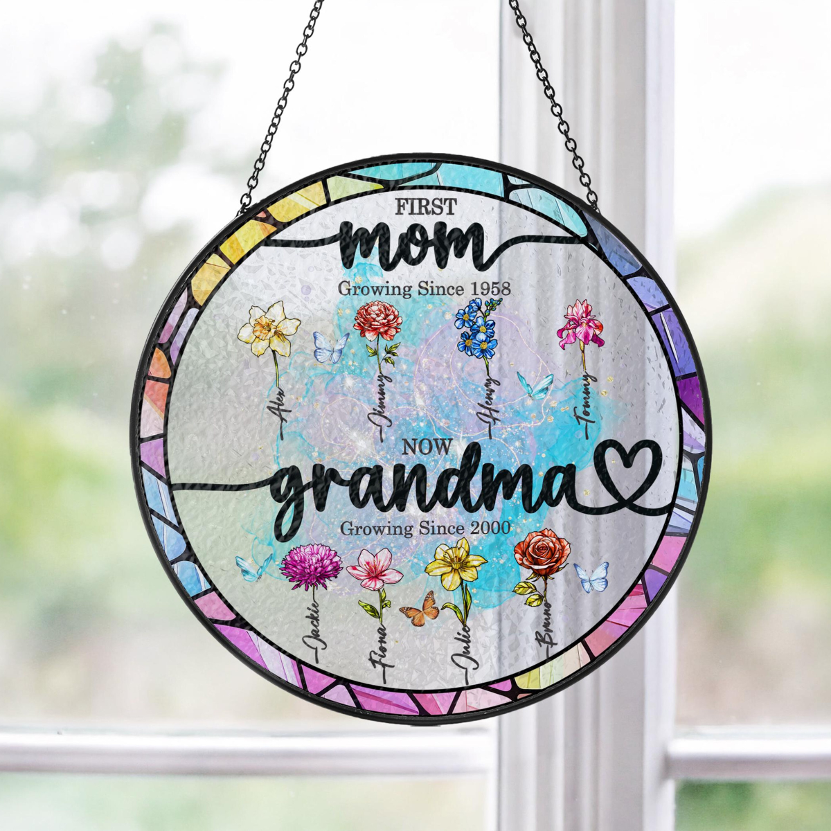 First Mom now Grandma Stained Glass Suncatcher, Grandma's Garden Suncatcher, Birth Flower Stained Glass Suncatcher Mothers Day Gift For Mom