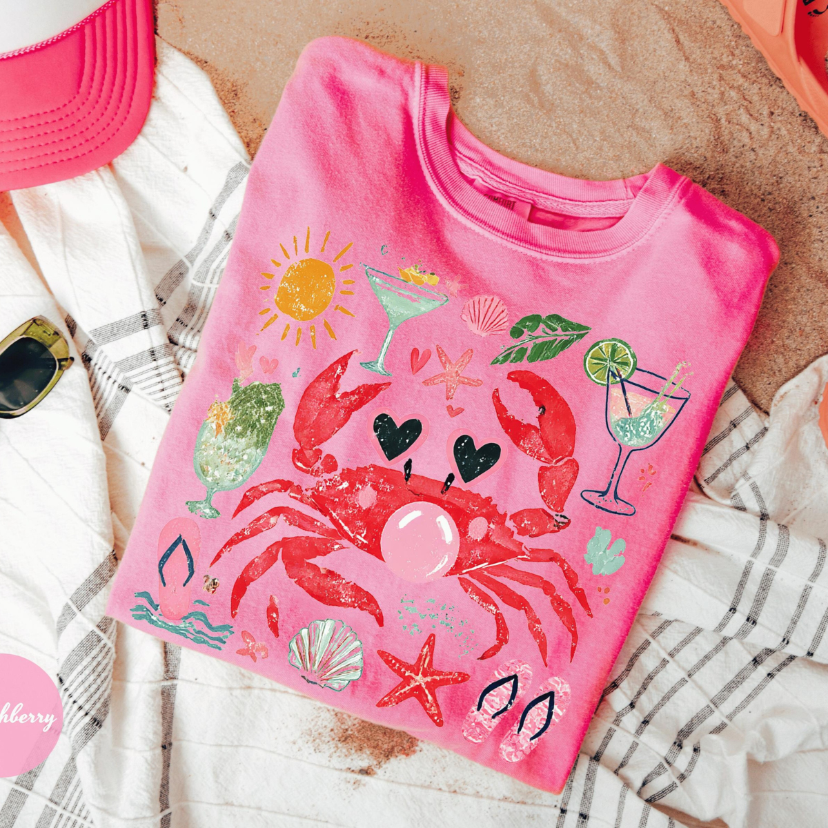 Comfort Colors Funny Crab Shirt, Crab Blowing Bubble Graphic Tee, Beach Vibes Nautical T-shirt, Summer Vacation Gift, Graphic Summer Shirt