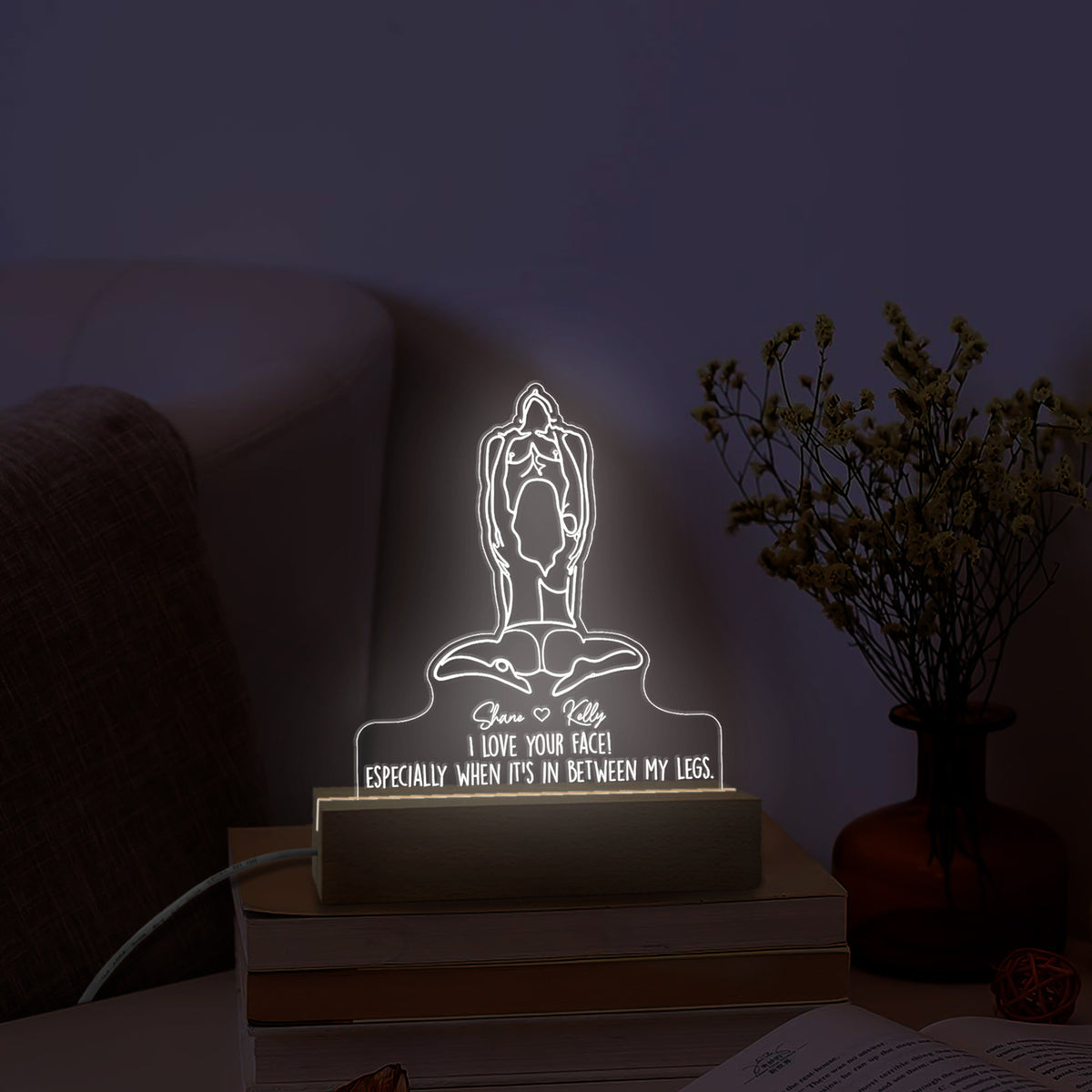 Adult Humor LED Light, Valentines Day Gift For Him, I Love Your Face, Custom Night Light Valentines Day LED Light Wooden Base, Gift For Boyfriend