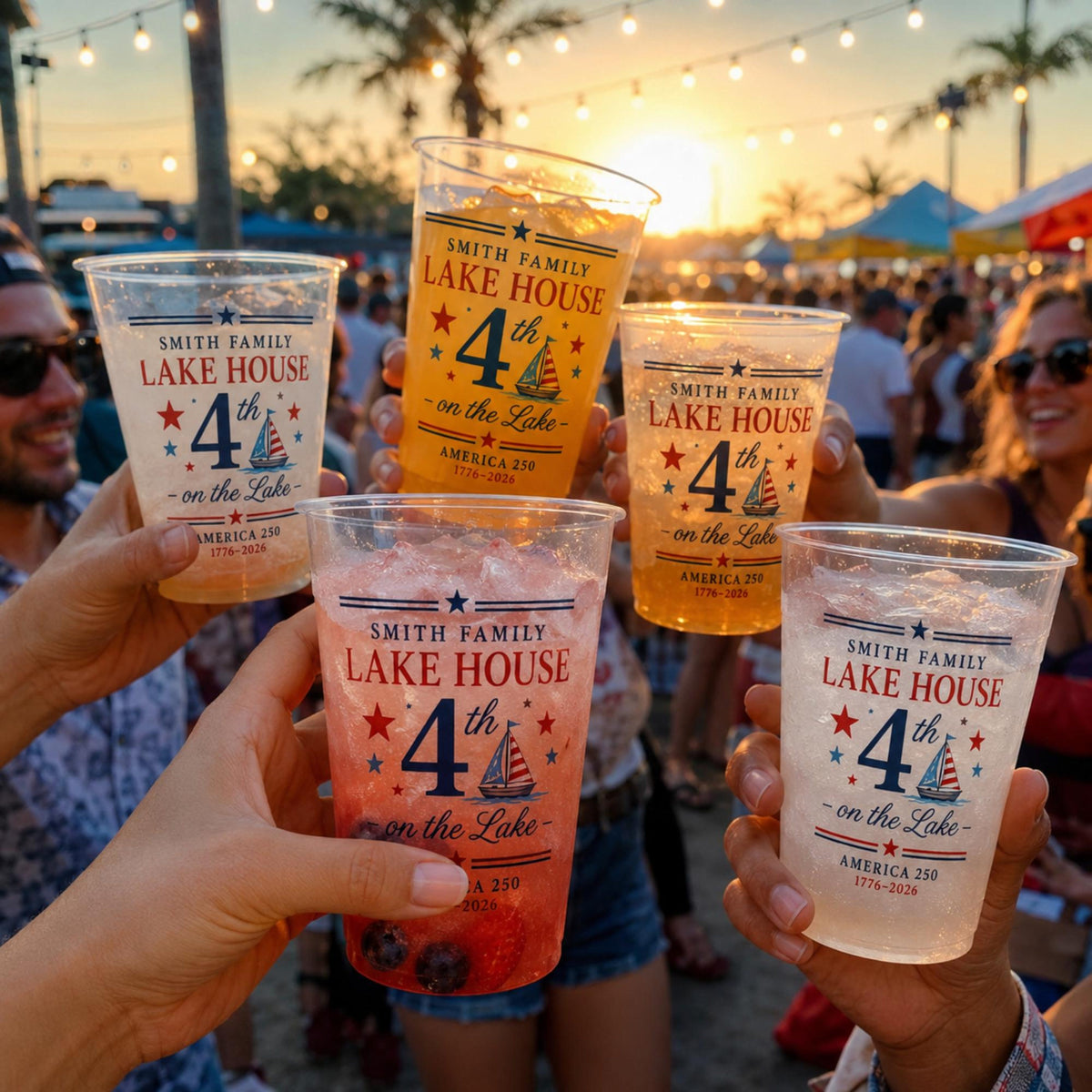 Personalized Lake House Plastic Cups, Custom 4th of July Cups, America 250 Family Lake Party Cups, Patriotic Plastic Cups