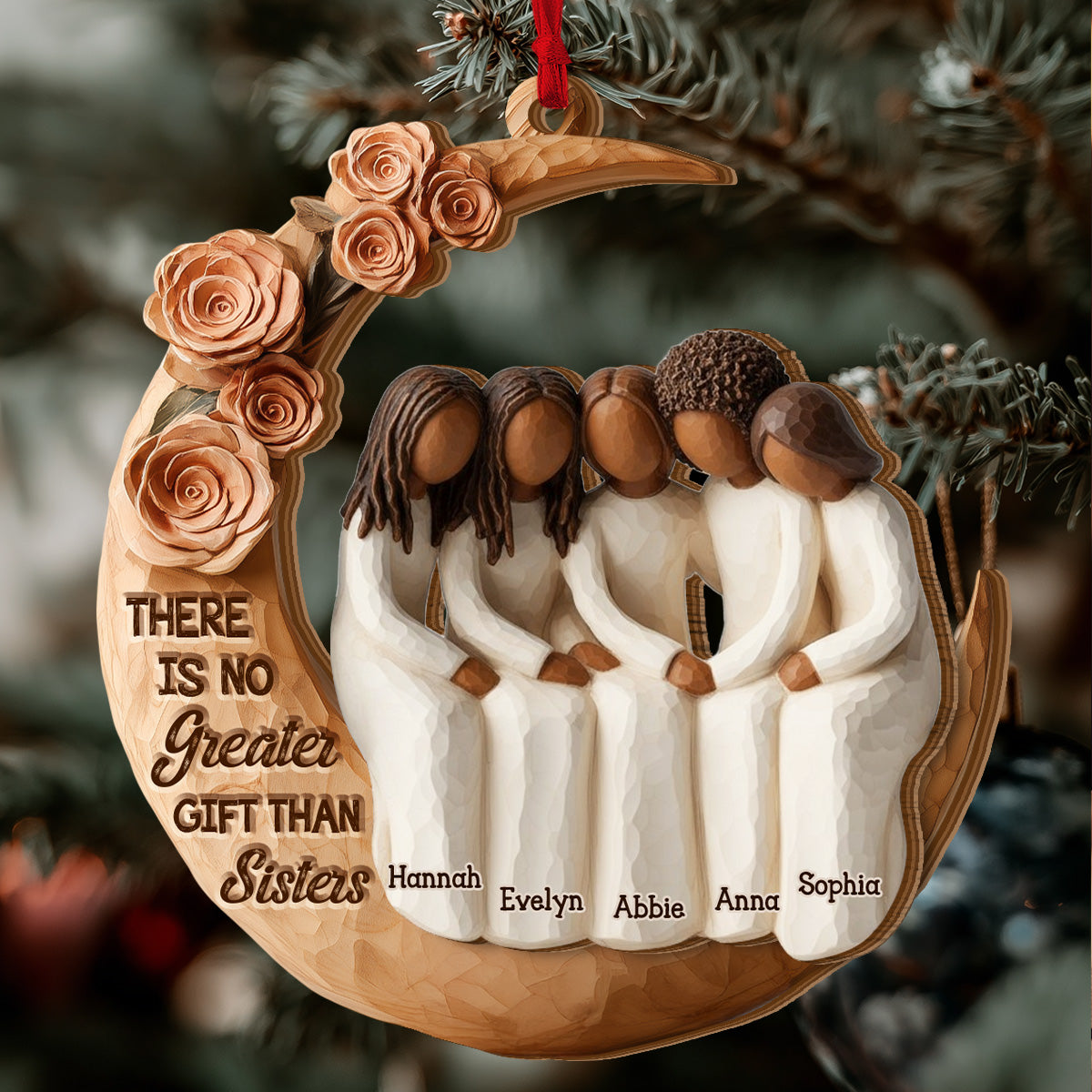 Black Sistas Roses Moon - Personalized Layered Wooden Ornament - Christmas Gift For Sisters, Friends