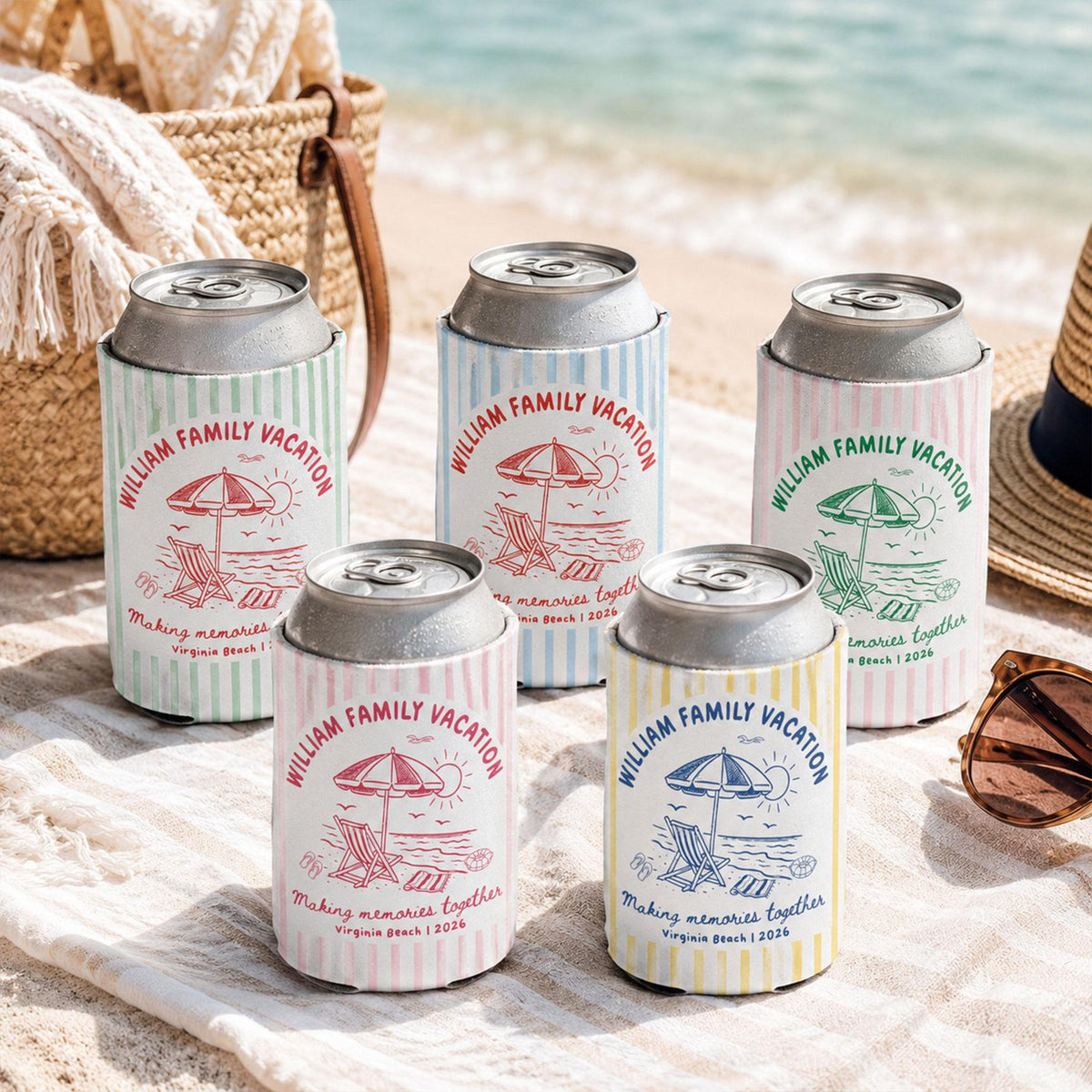 Custom Beach Family Vacation Can Coolers, Personalized Family Reunion Beer Huggers, Matching Coastal Vacation Gift, Family Summer Vacation