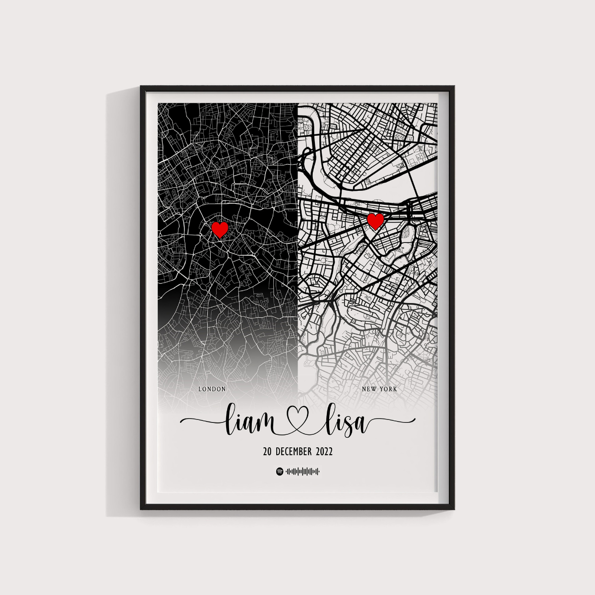 Personalised Map Print, Custom Couples Gift, Customised Travel Wall Art Any 2 Locations , Personalized Gift For Couple