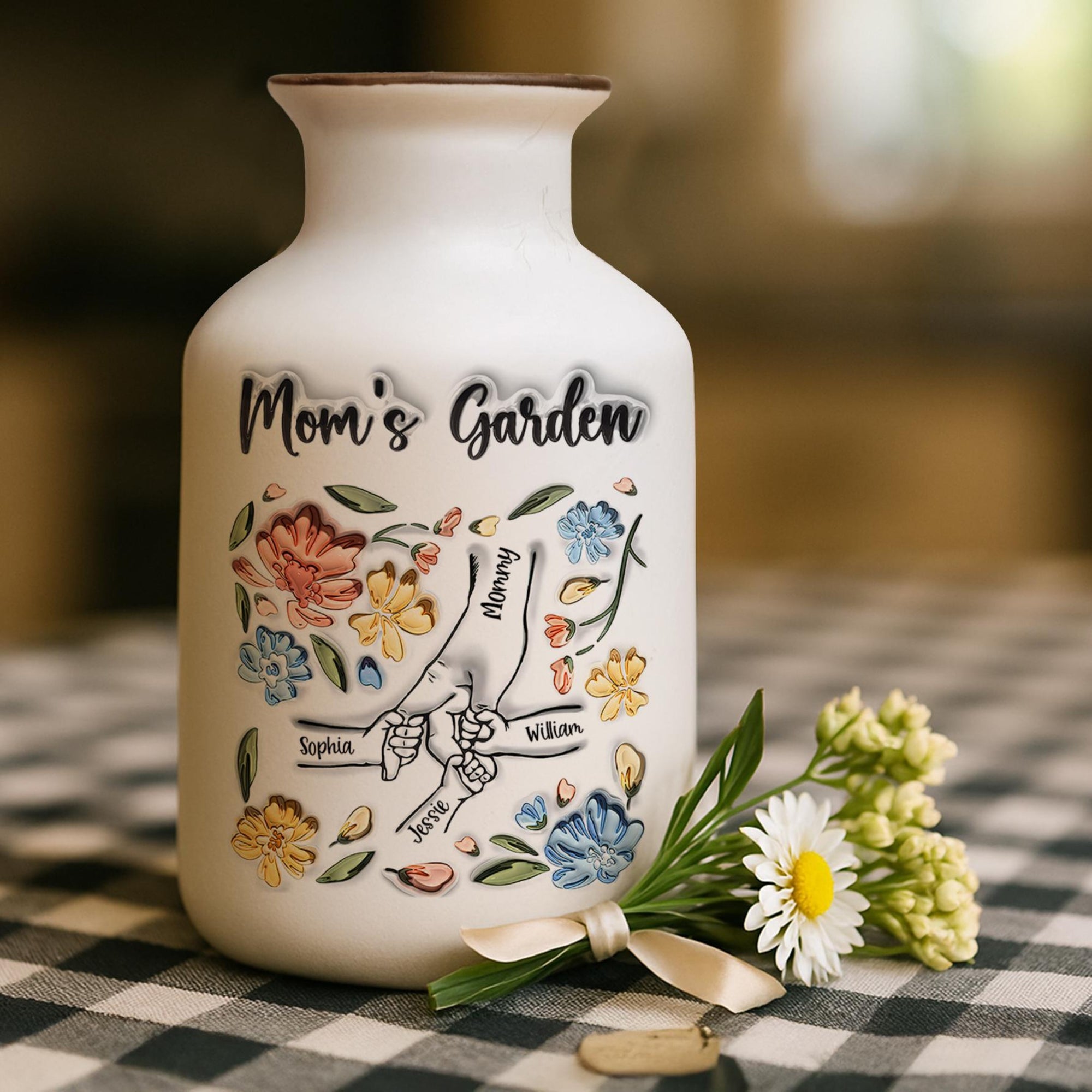 Personalized Mom's Garden Vase, Custom Kid Name Flower Jar, Mother's Day Gift, Family Flower Pot, Unique Mom Decor