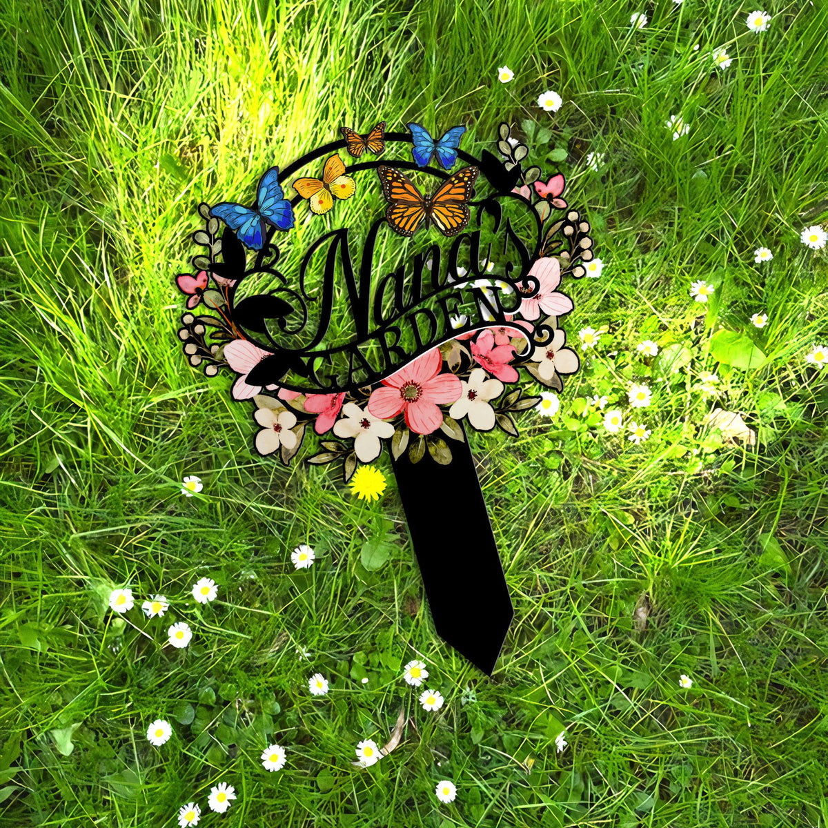 Personalized Nana's Garden Sign, Metal Garden Stake with Flowers and Butterflies, Outdoor Yard Decoration, Grandma Gift, Nana's Blessings