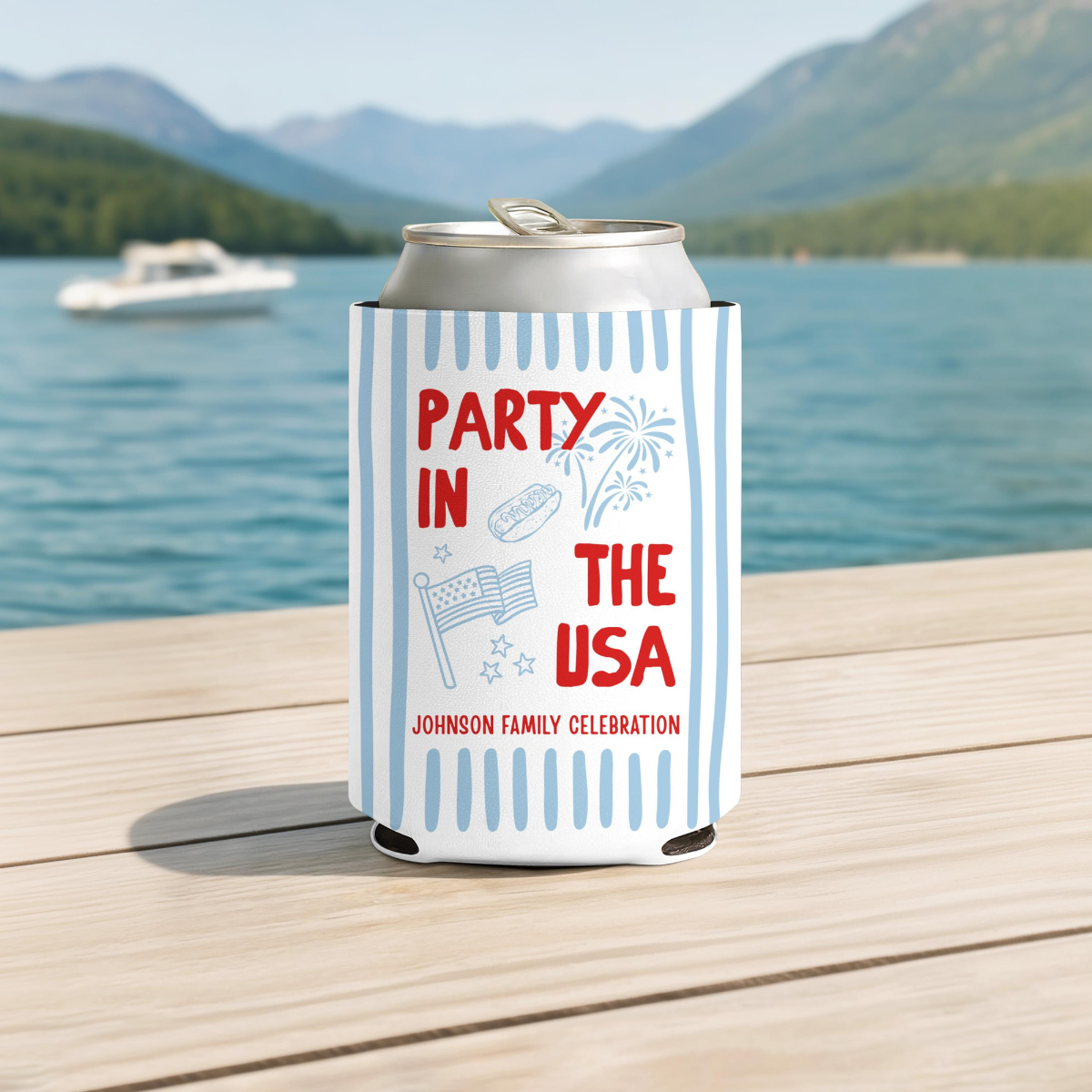 Custom Party in the USA Can Cozie, Personalized 4th of July Family BBQ Party Favor, Patriotic USA 250 Drink Sleeve