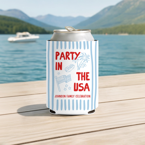 Custom Party in the USA Can Cozie, Personalized 4th of July Family BBQ Party Favor, Patriotic USA 250 Drink Sleeve