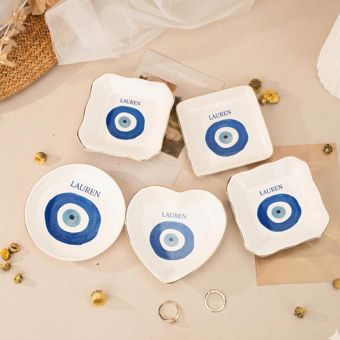 Custom Evil Eye Ring Dish, Personalized Jewelry Tray with Name, Gold Rim Trinket Dish, Protection Charm Gift, Custom Name Good Luck Charm