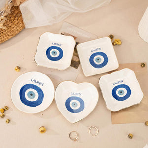 Custom Evil Eye Ring Dish, Personalized Jewelry Tray with Name, Gold Rim Trinket Dish, Protection Charm Gift, Custom Name Good Luck Charm