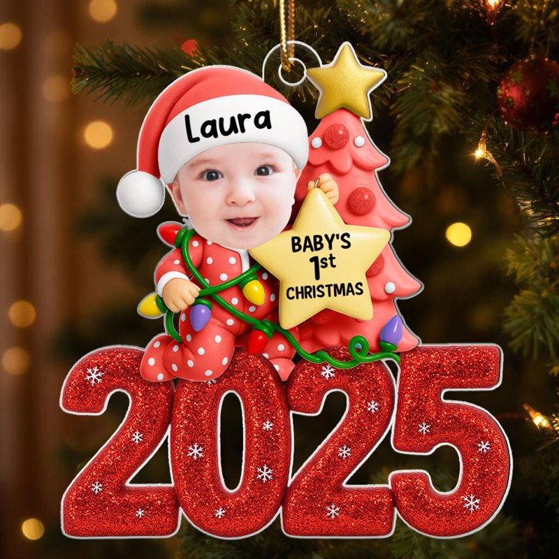 Baby Christmas Tree Upload Photo Glitter 2025 - Personalized Acrylic Ornament - Christmas Gift For Baby