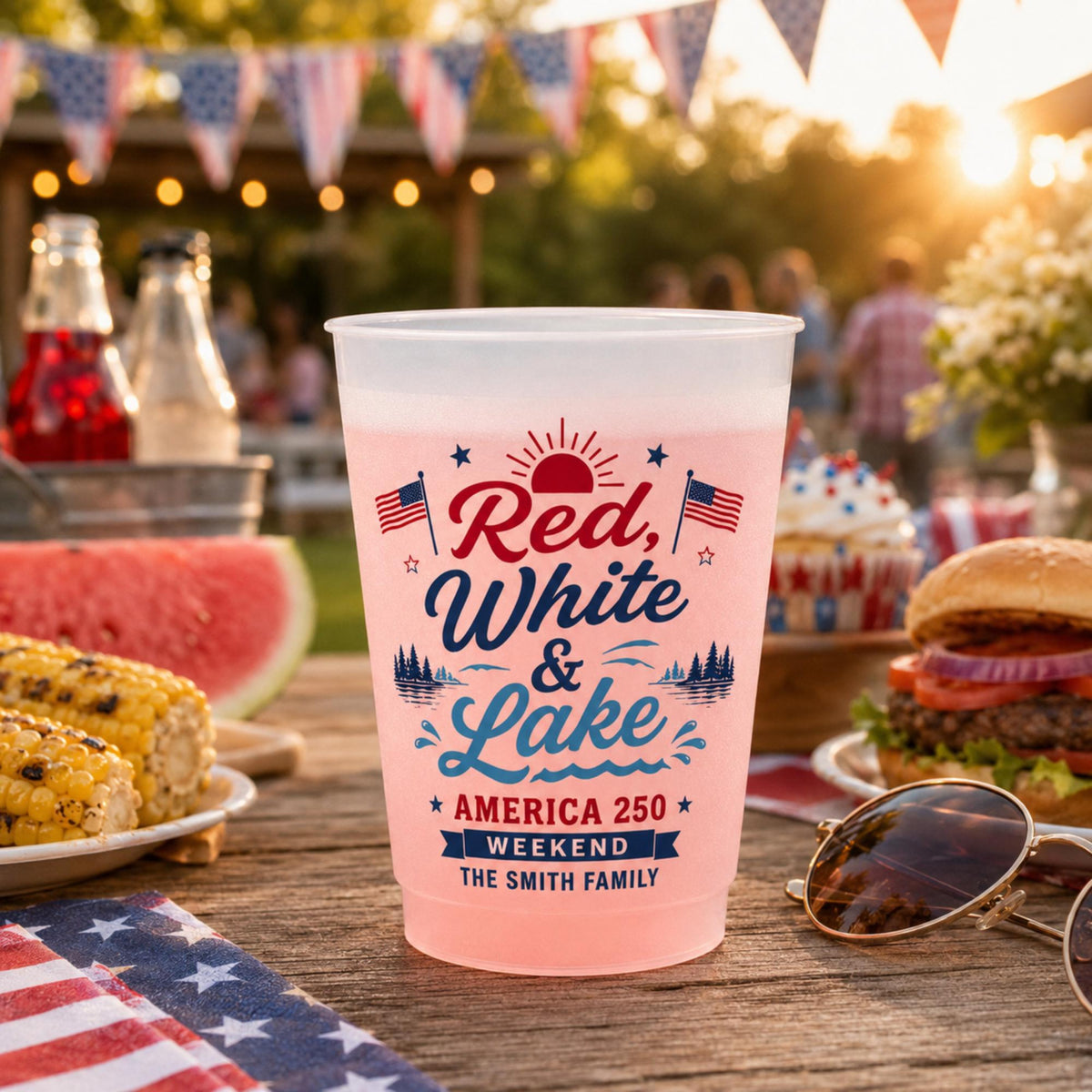 Red White and Lake Plastic Cups, Personalized Lake Weekend Stadium Cups, Custom America 250 Family Party Favors