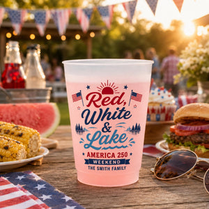 Red White and Lake Plastic Cups, Personalized Lake Weekend Stadium Cups, Custom America 250 Family Party Favors