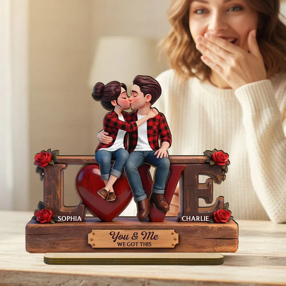 Love Rose 3D Kissing Couple Forever Together - Personalized Wooden Plaque Flat Base - Valentine's Day Gift For Couple