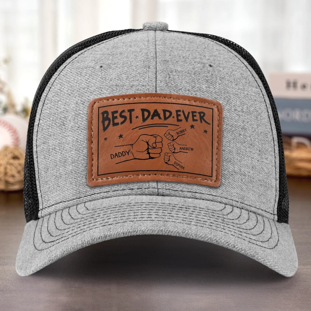 Best Dad Ever Fist Bumps - Personalized Leather Label Net Hat - Gift For Dad, Grandpa, Father's Day Gift