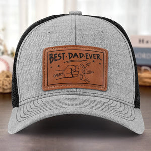 Best Dad Ever Fist Bumps - Personalized Leather Label Net Hat - Gift For Dad, Grandpa, Father's Day Gift