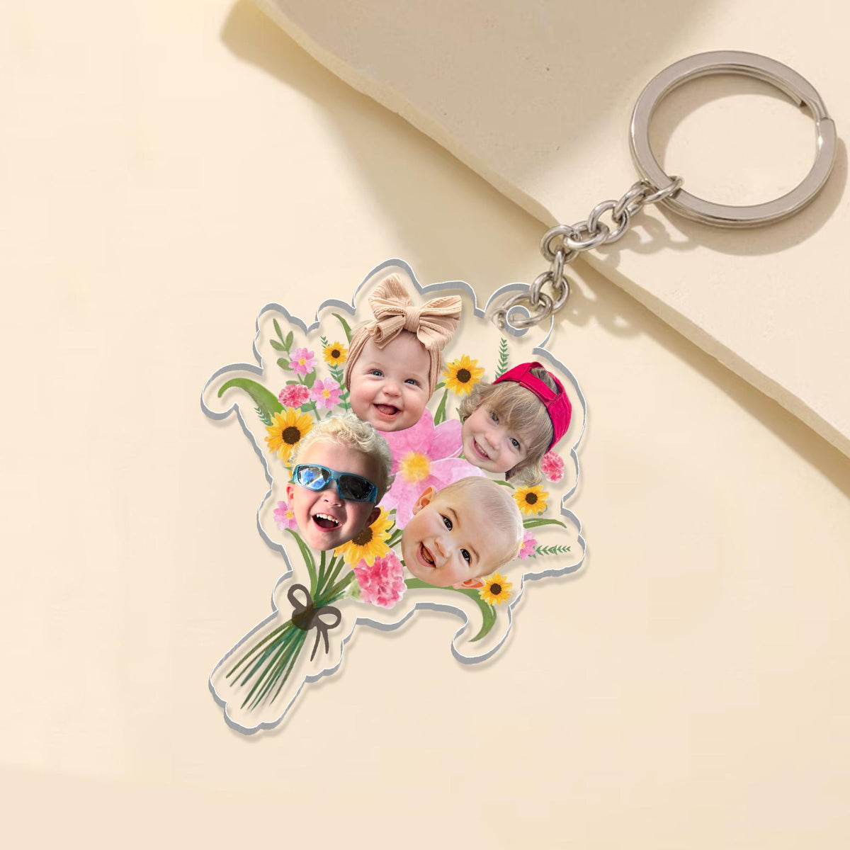 Personalized Gift For Mom Grandma, Custom Kids Face Flower Bouquet Keychain, Grandma Keychain Gift, Baby Face Keychain