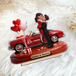 3D Kissing Couple Red Car Valentine's Day - Personalized Wooden Plaque With Flat Base - Anniversary Gift For Couple