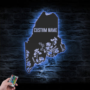 Custom Wild Flower State Metal Wall Art LED Light, Personalized Wildflower Map Name Sign Home Decor, Floral Decoration Christmas