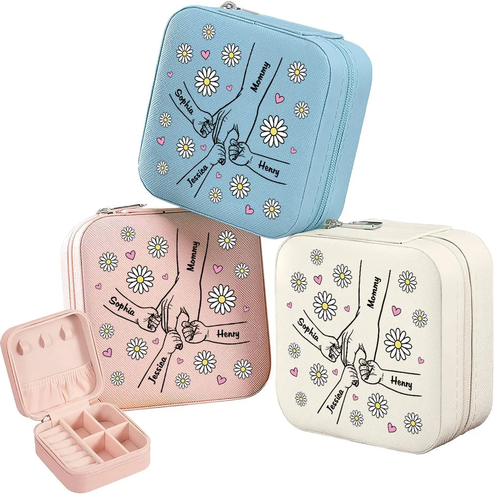 Mom Flower Kids Holding Hand Outline - Personalized Square Jewelry Box - Gift For Mom, Mother's Day, Birthday Gift