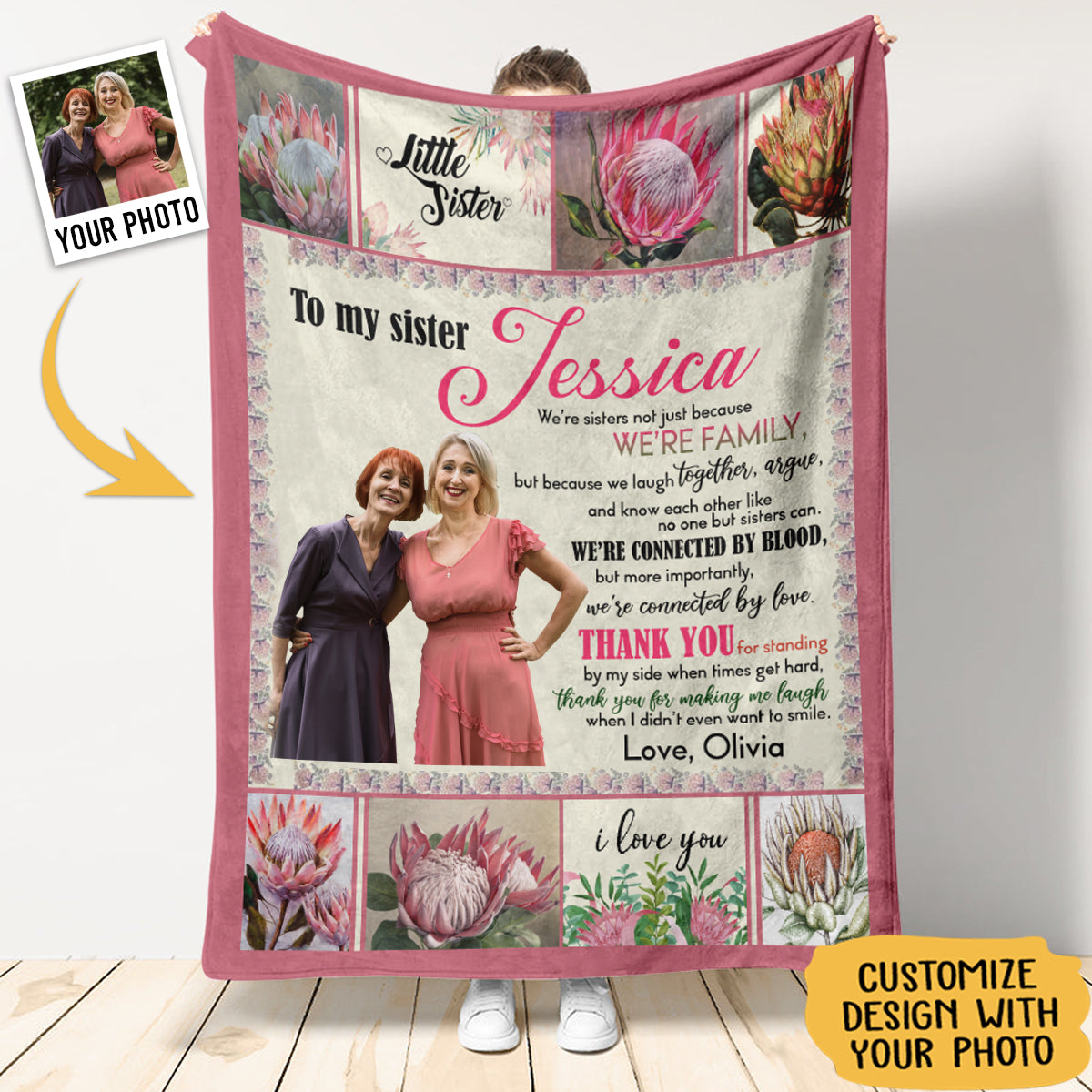 Gift For Sister Blanket, My Sister Protea Flower Connected By Love Gift From Sister Fleece Blanket