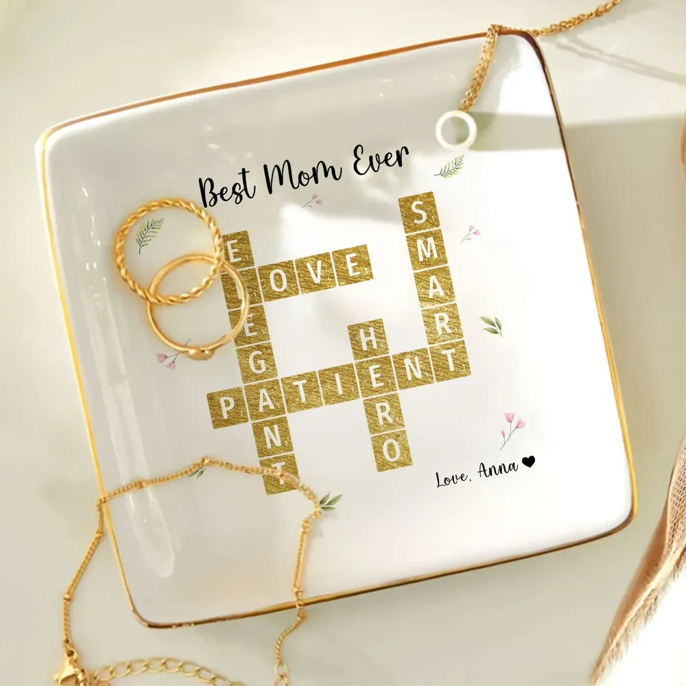 Best Mom Ever Appreciation Crossword Art - Personalized Jewelry Plate - Gift For Mom, Mother's Day, Birthday Gift