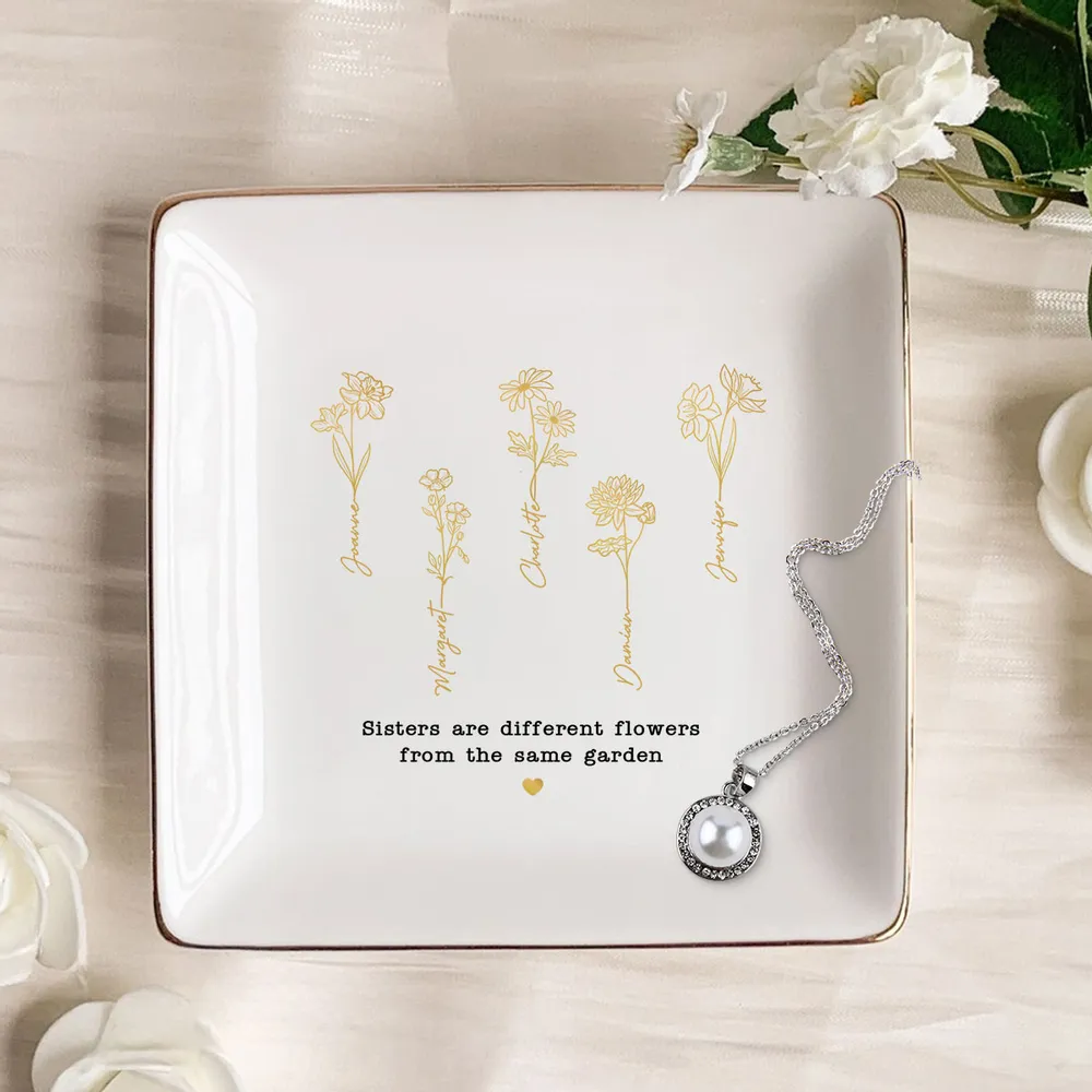 Friends Sisters Besties Birth Month Flowers - Personalized Jewelry Plate - Gift For Friends Sisters Besties