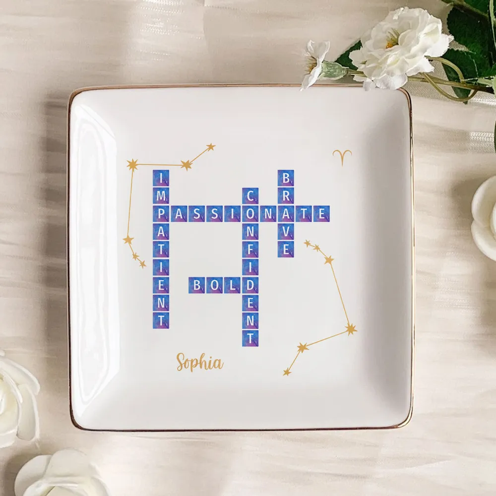 Character Qualities Crossword With Zodiac Sign - Personalized Jewelry Plate - Gift For Mother