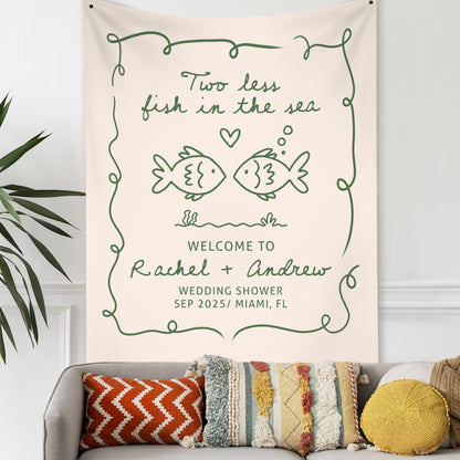 Personalized Bachelorette Party Decor, Custom Two Less Fish In The Sea Bachelorette Party Banner Fishing Couples Bachelorette Party Backdrop
