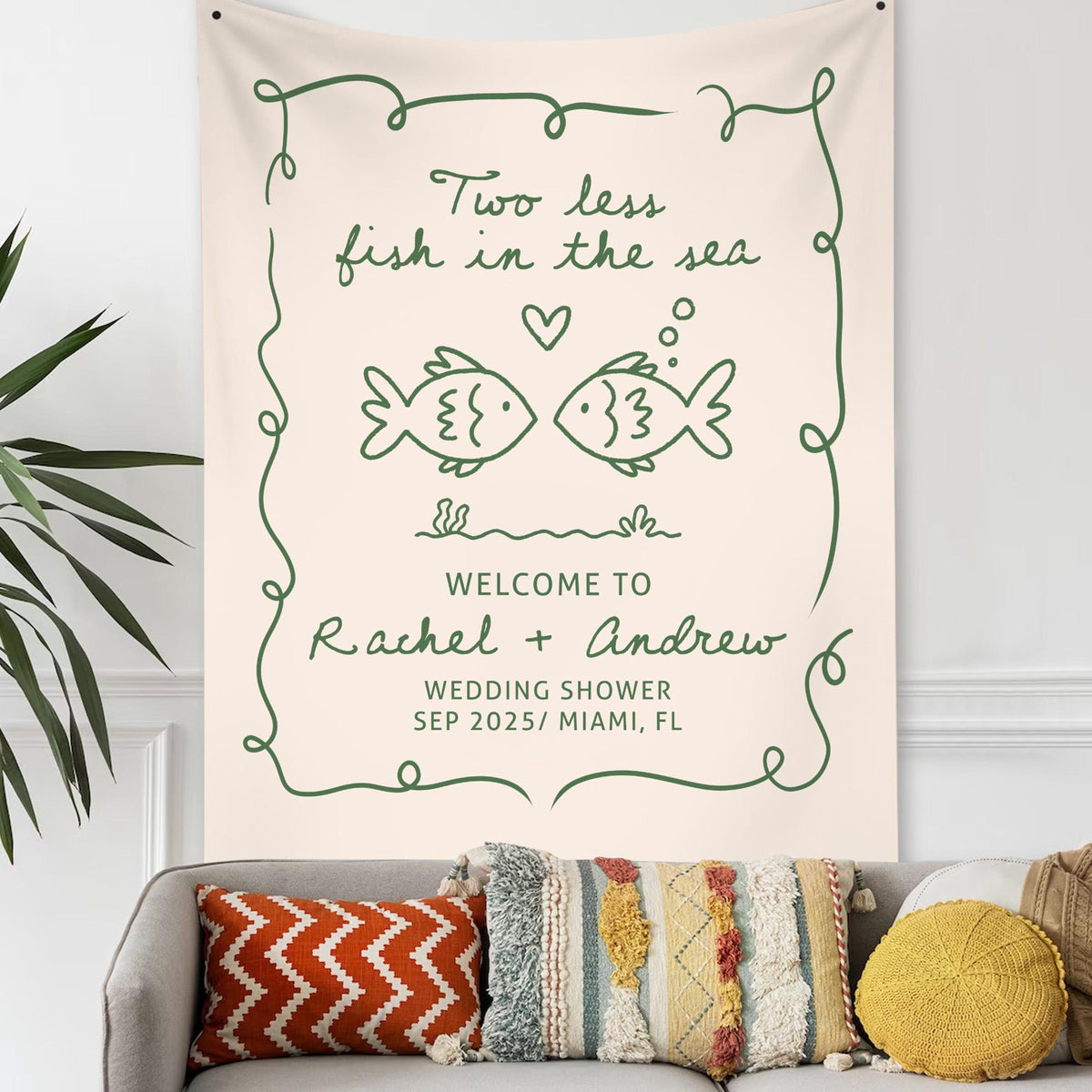 Personalized Bachelorette Party Decor, Custom Two Less Fish In The Sea Bachelorette Party Banner Fishing Couples Bachelorette Party Backdrop