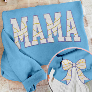 MAMA Volleyball Coquette Side Bow Sweatshirt, Retro Trendy Coquette Lover Sweater, Bow Applique Pink Girl Gifts