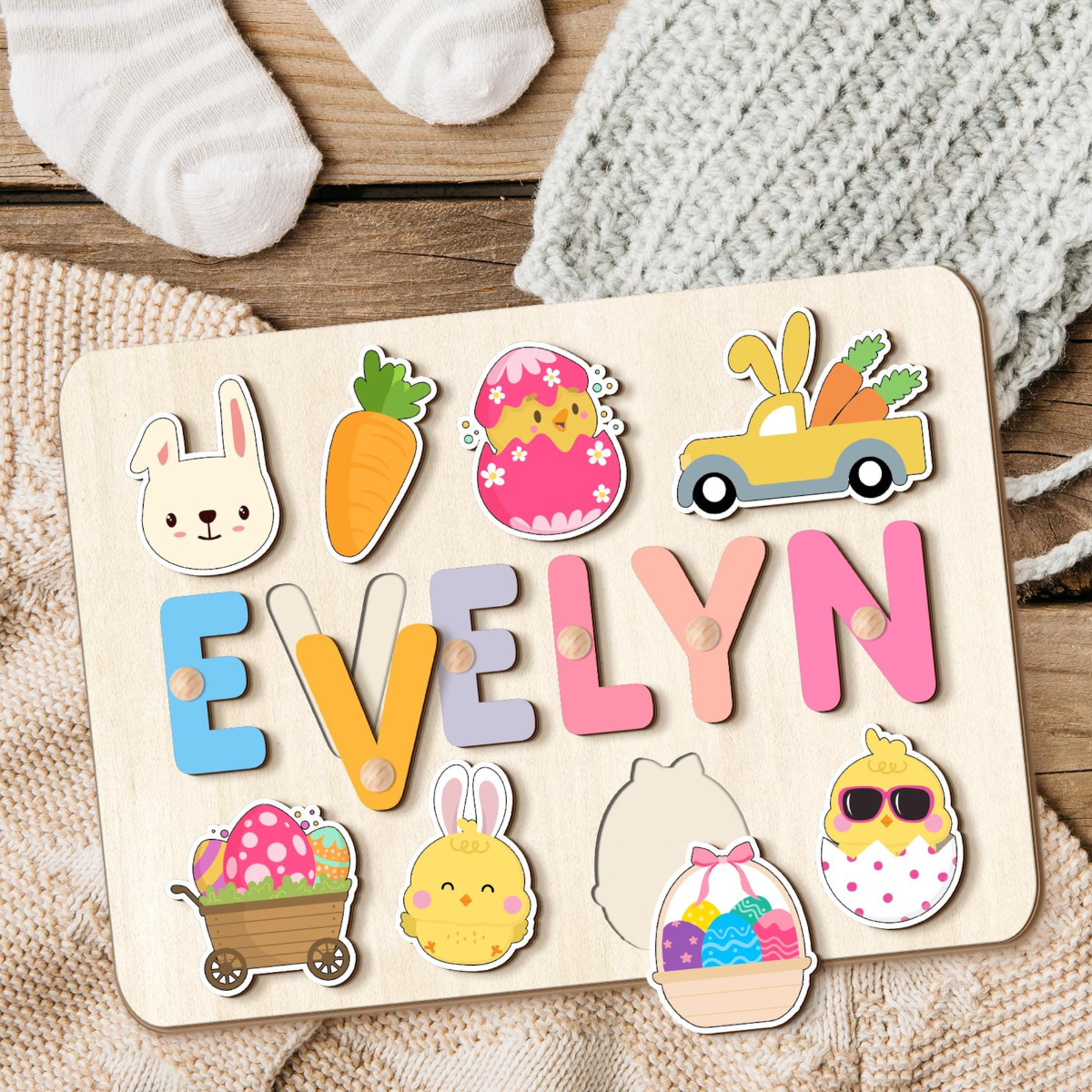 Easter Bunny Name Puzzle For Toddlers, Personalized Name Puzzle For Easter Basket Stuffer, Easter Gifts for Kids, Wooden Toys, Gift for Girl