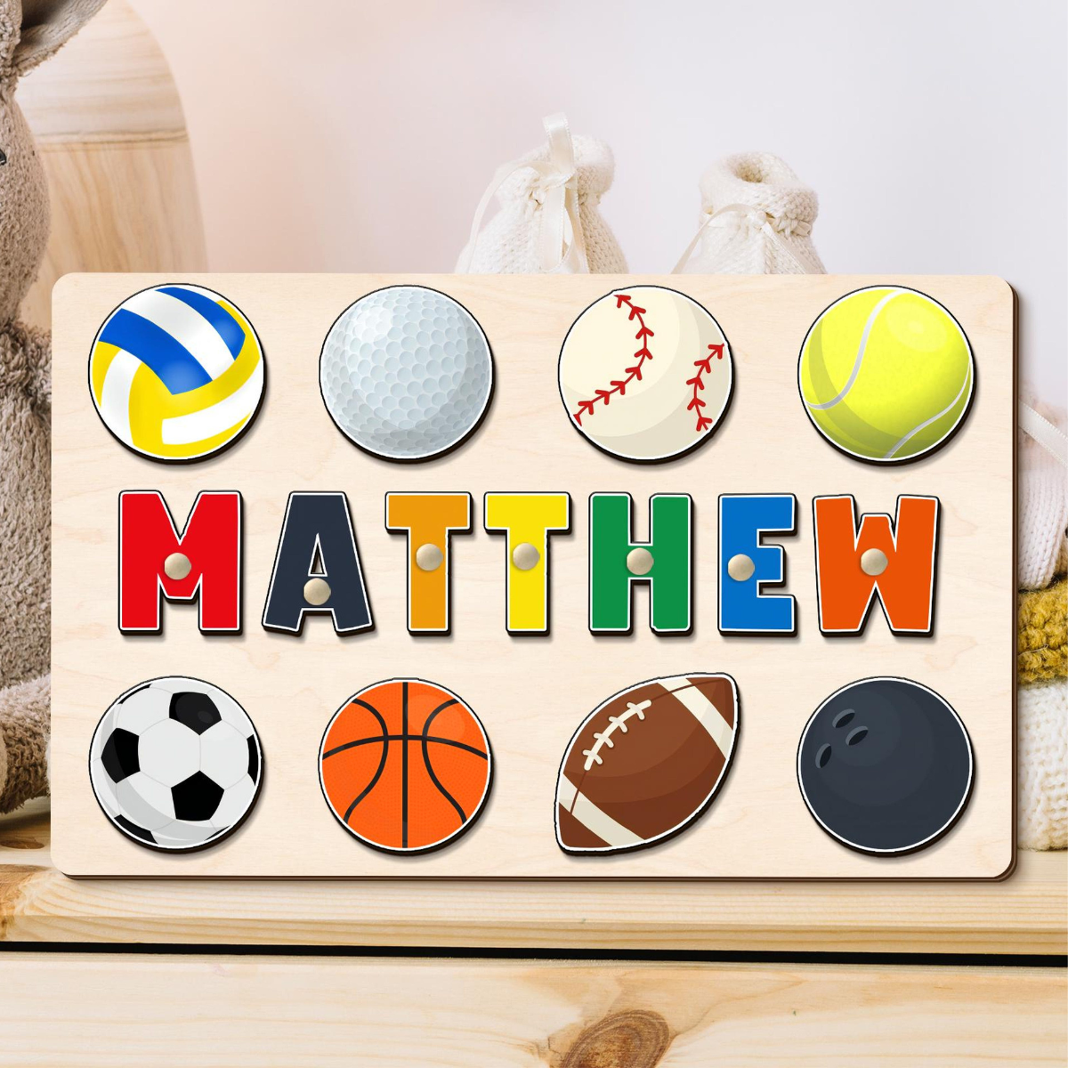 Birthday Gift for Boys, Custom Wooden Name Puzzle, Baby Shower Gift, Personalized Name Puzzle with Balls, Ball Game Sports Theme Name Puzzle