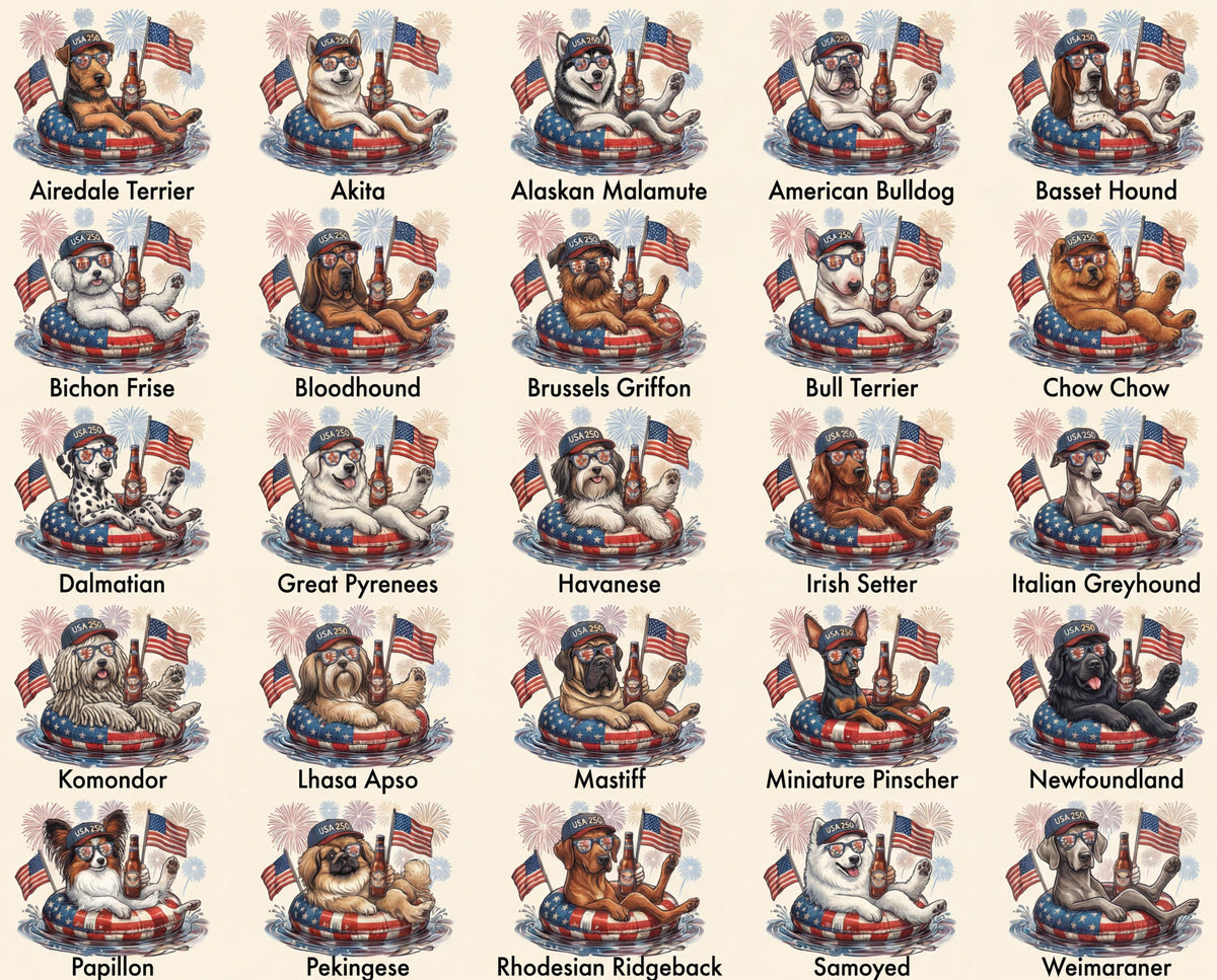 Patriotic Dogs Comfort Colors 4th of July Dog T-Shirts, 124+ Dog Breeds, Custom Available, USA Flag, Fireworks, USA 250 Shirt