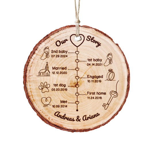 Custom Anniversary Wedding Wood Ornament, Personalized Love Story Timeline Gifts for Him, Anniversary Christmas Ornament Gift for Husband