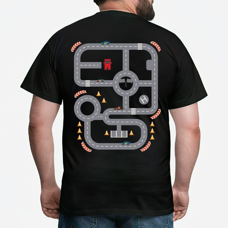 Personalized Play Car Race On Dad's Back Shirt, Custom Mat Road Car Race Track T-Shirt, Dad Mom Father's Day Family Gift, Playmat TShirt, Daddy Birthday