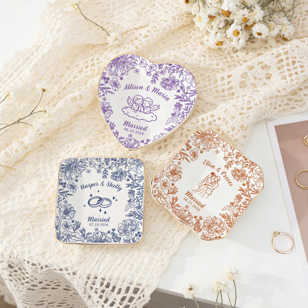 Personalized Wedding Ring Dish, Flower Jewelry Dish for Couple, Sentimental Gift for Bride, Engagement Gift, Anniversary Married Keepsake