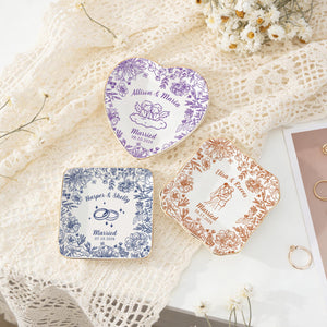 Personalized Wedding Ring Dish, Flower Jewelry Dish for Couple, Sentimental Gift for Bride, Engagement Gift, Anniversary Married Keepsake