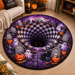 Halloween Round Quilted Rug, 3D Spooky Dungeon Illusion Rug, Ghost and Pumpkin Rug