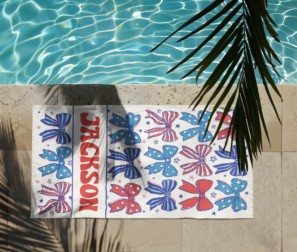 Personalized Patriotic Bow Beach Towel, Custom Name USA Stars & Stripes Design, 4th of July Summer Gift for Girls, Red White Blue Towel