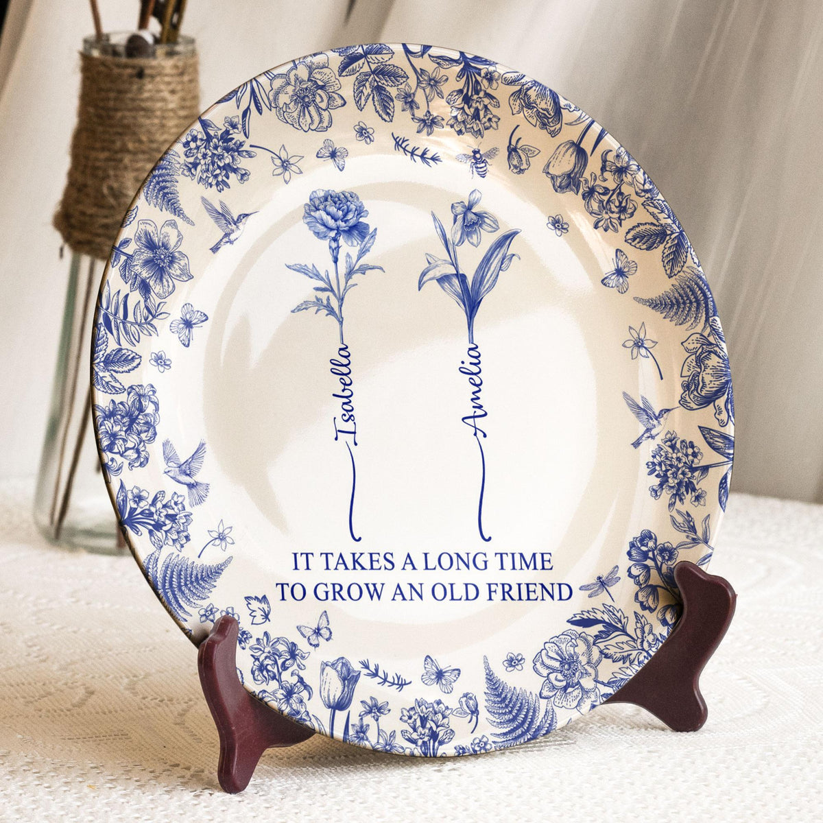 It Takes A Long Time To Grow An Old Friend, Custom Birth Flower Toile De Jouy, Personalized Ceramic Plate, Custom Gift for Best Friend